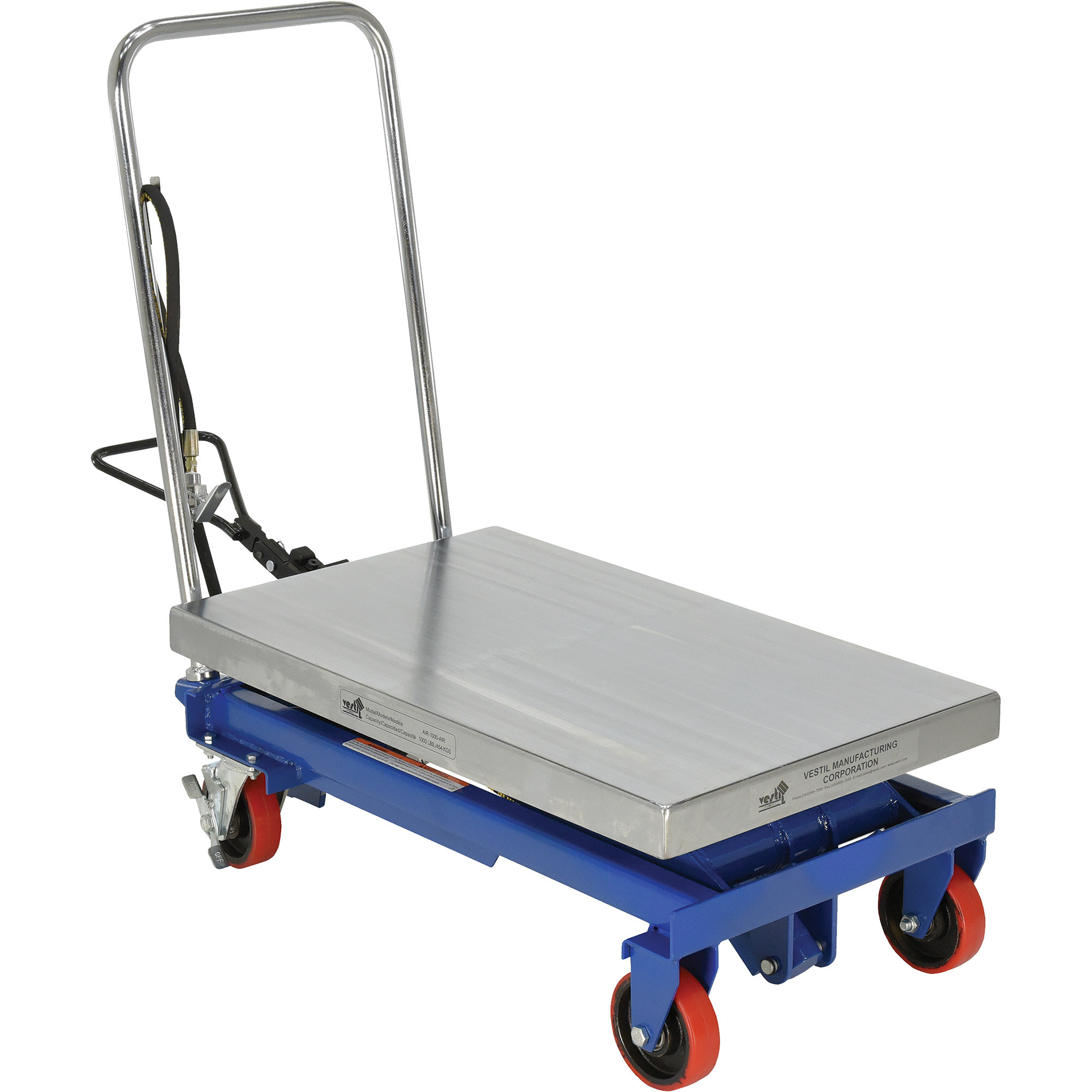 Vestil Air Hydraulic Scissor Cart - 1,000-Lb. Capacity, 32.5in.L x 19.75in.W, Stainless Steel, Model# AIR-1000